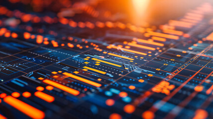 Obraz premium Computer Motherboard and Processor: Digital Technology and Engineering Concept with Blue and Orange Circuit Background