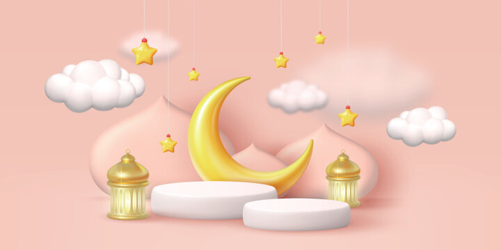 3d Ramadan background. Islam podium banner decoration with moon, crescent and gold mosque. Empty stand for product presentation, muslim signs, eid mubarak. Vector modern render isolated elements