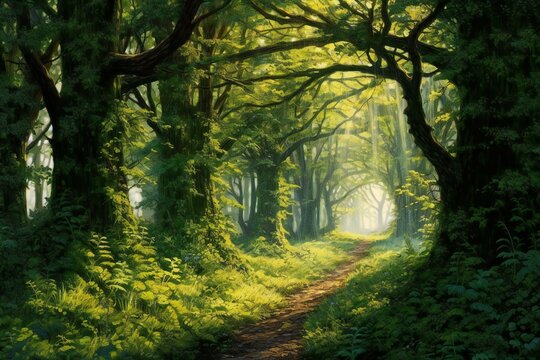 Hiking trail in the green forest at sunset,  Digital painting