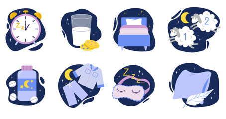 Sleep time. Nighttime relaxation. Soft feather pillow. Alarm clock. Night mask for insomnia. Relax in bed. Sleeping pill. Sheep counting. Milk glass and cookies. Vector dream icons set © SpicyTruffel