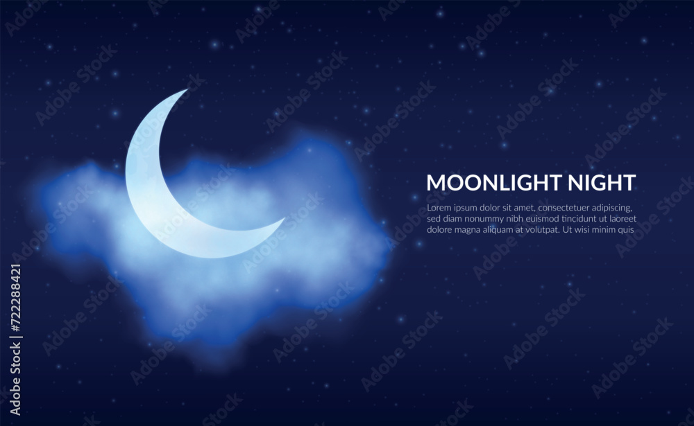Wall mural night sky. clouds and crescent. stars constellation. half moon in dark blue moonlight. summer evenin