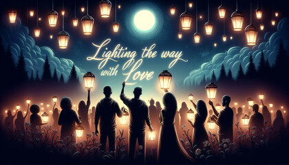Fototapeta na wymiar Lanterns Lighting Love Path. Silhouettes of people at a lantern festival with a message of love and unity.