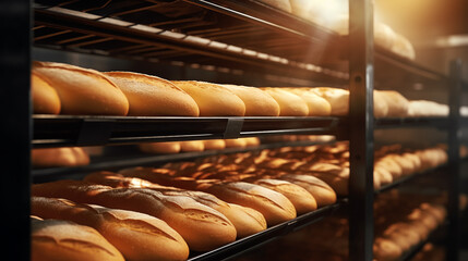 Loafs of bread in a bakery on oven trays - obrazy, fototapety, plakaty