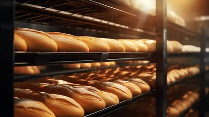 Fotobehang Bakkerij Loafs of bread in a bakery on oven trays