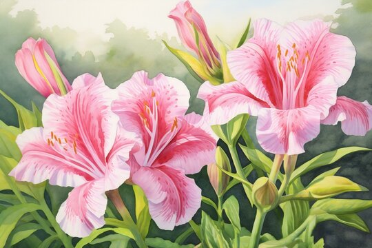 Beautiful pink lily flowers in the garden,  Watercolor painting