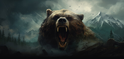 roaring bear on mountains background , bear market concept. cryptocurrency. financial investment