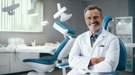 Doctor mature man sitting in doctor's office concept of medical education dentistry cosmetologist health care professional