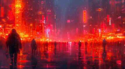 The atmosphere of a futuristic city at night with sparkling city lights and rain. Futuristic Background.