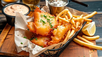 Freshly caught fish, expertly battered and deep-fried to perfection, accompanied by a generous...