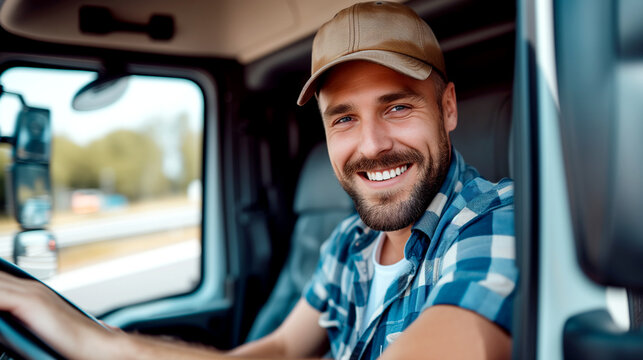 Portrait of a happy professional truck driver driving.