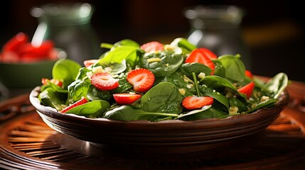 Fresh and Colorful Spinach and Strawberry Salad on Tabletop