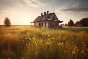 Old house meadow. Greenery and famous grass with alone building blue sky. Generate AI