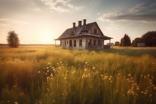 Old house meadow. Greenery and famous grass with alone building blue sky. Generate AI