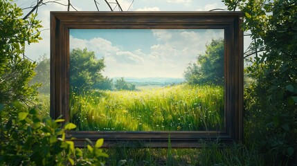 A realistic digital artwork that creates the illusion of looking through a window frame at a lush countryside landscape, full of greenery and wildflowers.