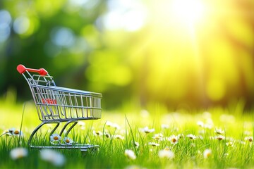 This captivating image portrays a miniature shopping cart placed on a vibrant green grassy field, sprinkled with delicate white daisies. Bathed in the golden sunlight of a serene spring day, the scene