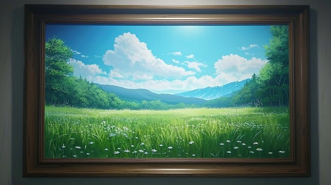 A beautifully framed digital painting depicting a serene meadow with lush greenery, wildflowers, and a majestic mountain backdrop under a clear blue sky.