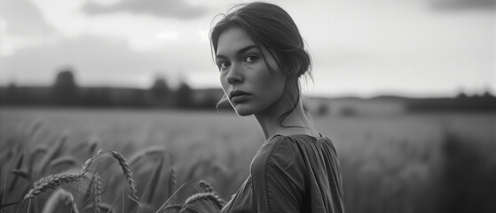 Grainy Scandinavian art house movie plot. A woman on a farm, expression full of meaning and conflicted emotion. In the style of a panoramic movie still. Portrait of the main character, protagonist.