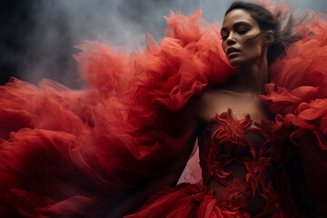 Vibrant color portrait of enigmatic fashion model in haute couture designer clothing and dynamic makeup. Avante garde dresses with bold texture and dream like concepts.