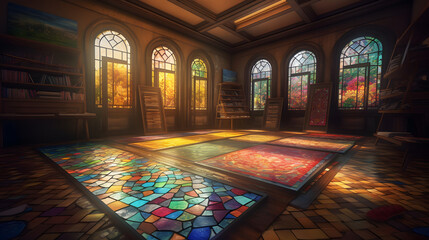 "Autumn Radiance in Stained Glass: A Library in Golden Hour" AI-Generative