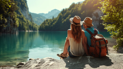 Couple with backpacks sitting on the shore of a mountain lake
