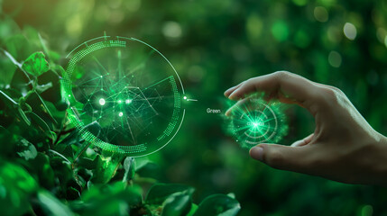 Digital composite of Hand touching map interface with green background and sun flare