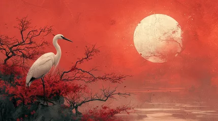 Foto auf Acrylglas Antireflex Traditional Japanese style landscape with sakura, sun, lake, and cranes on a vintage watercolor background. © pengedarseni