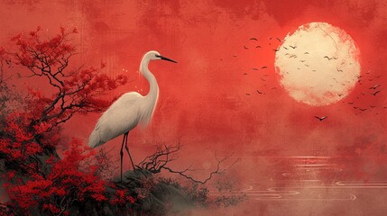 Traditional Japanese style landscape with sakura, sun, lake, and cranes on a vintage watercolor background.