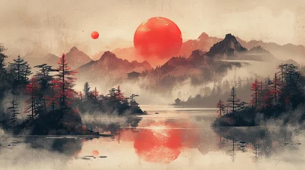 Fotobehang Traditional Japanese style landscape with sakura, hills, sun, lake, and cranes on a vintage watercolor background. © pengedarseni