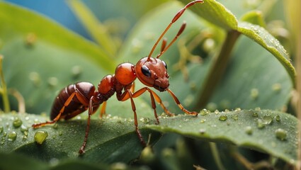 red ant on green leaf