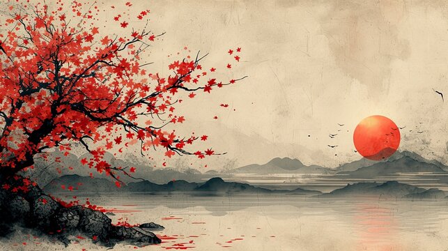 Traditional Japanese style landscape with sakura, hills, sun, lake, and cranes on a vintage watercolor background.