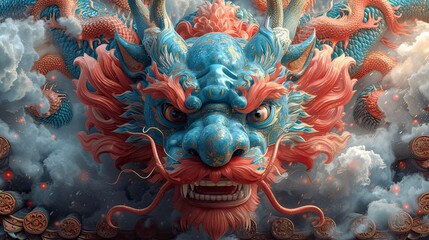 Obraz premium 3d illustration of blue and red dragon. Chinese New Year, Year of the Dragon.