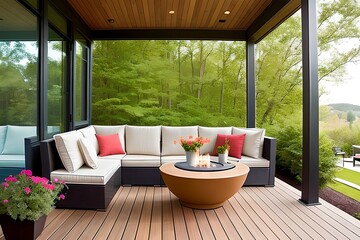 Outdoor patio, cozy summer terrace with furniture - obrazy, fototapety, plakaty