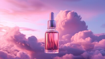 Cosmetic Product Advertisement, Skincare Serum Enveloped in a Soft Purple Sky Background. - obrazy, fototapety, plakaty