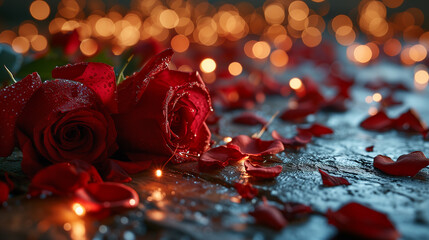 Two red roses lie on a wooden surface surrounded by petals and lights. High quality photo