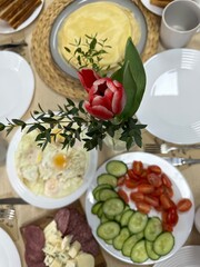 Catering breakfast. Healthy breakfast with eggs and vegatables. Decorating table with food