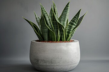 Sansevieria gray pot. Beautiful and big vegetation with sharp leaves. Generate AI