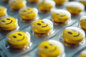 Close-up blister with an assortment of yellow smiley face happy pills - Generative AI - obrazy, fototapety, plakaty