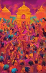Celebration of the Holi festival in India with a colorful background and illustration to depict the essence of festivity.