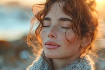 Close-up of a serene young auburn woman with closed eyes, basking in golden sunlight, with a soft-focus background. Created with Generative AI - obrazy, fototapety, plakaty