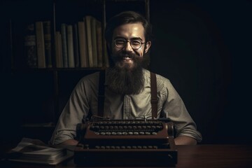Happy bearded man writer at typing machine. Cheerful historic male novelist in vintage office. Generate ai - obrazy, fototapety, plakaty