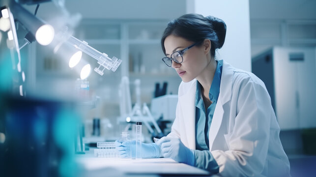 Scientist concentrating on her work in the lab, measuring and analyzing science or research results