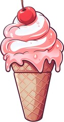 ice cream cone with cherry on top, isolated drawing on white background 