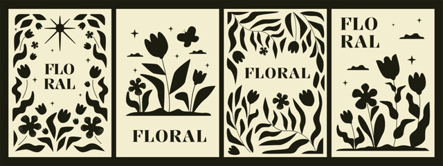 A collection of posters with flowers and waving foliage. Monochrome minimalistic hand-drawn artworks. - obrazy, fototapety, plakaty