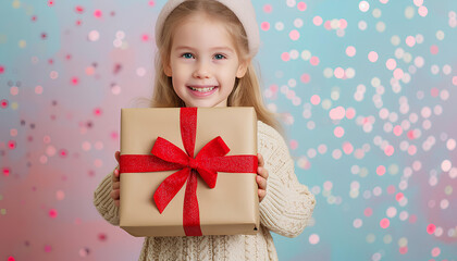 Fototapeta premium Young blonde girl child receiving big gift box for christmas on pastel bikeh background