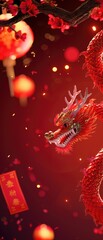 Chinese New Year card banner with red carved dragon on dark red background. Festival sign template with copy space