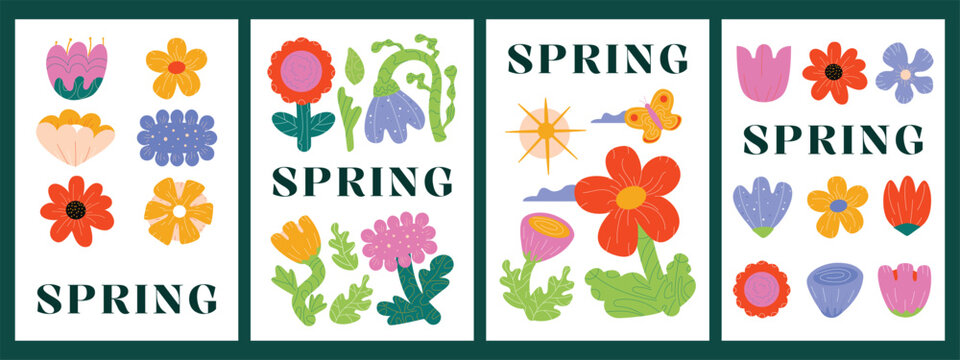 A collection of spring posters with thick flowers and leaves. Bright naive hand drawing artworks.