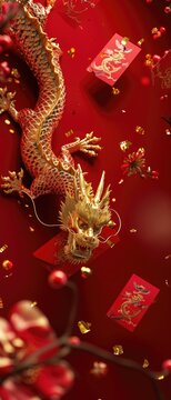 Chinese New Year card banner with red carved dragon on dark red background. Festival sign template with copy space