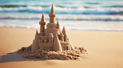 Sand castle on the beach, intricate sand structure, concept for higher entropy as structures get eroded over time - obrazy, fototapety, plakaty
