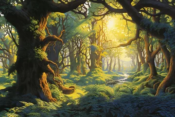 Schilderijen op glas Fantasy forest landscape with fog and sun rays © Rainbow