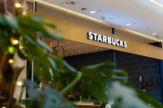 close-up of the Starbucks logo. signboard. Kazakhstan Almaty December 27, 2023